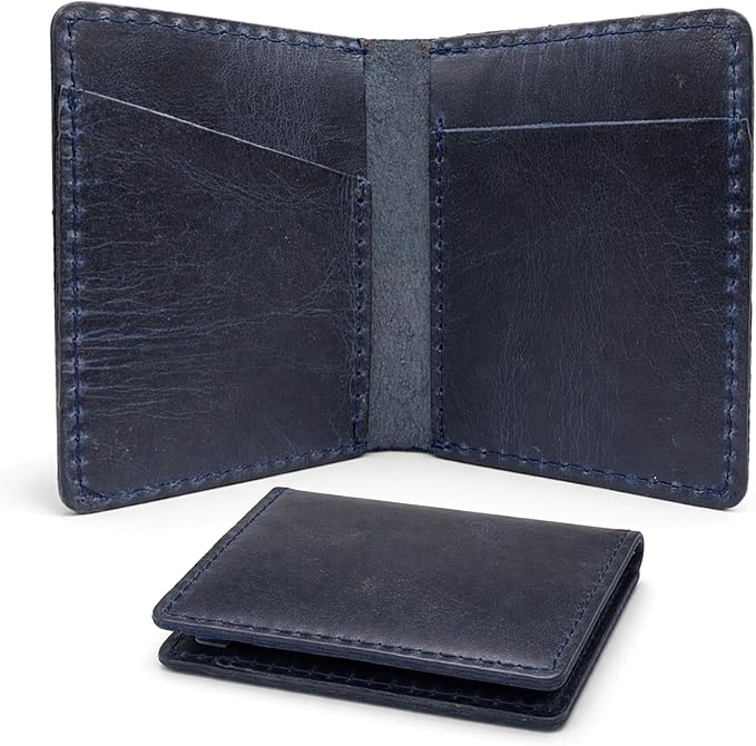 Genuine Leather Bifold Card Holder Wallet for Men & Women Slim Minimalist Front Pocket Credit Card Wallet, Compact Travel & Everyday Carry - Navy Blue
