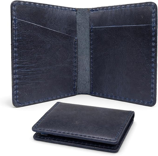 Genuine Leather Bifold Card Holder Wallet for Men & Women Slim Minimalist Front Pocket Credit Card Wallet, Compact Travel & Everyday Carry - Navy Blue