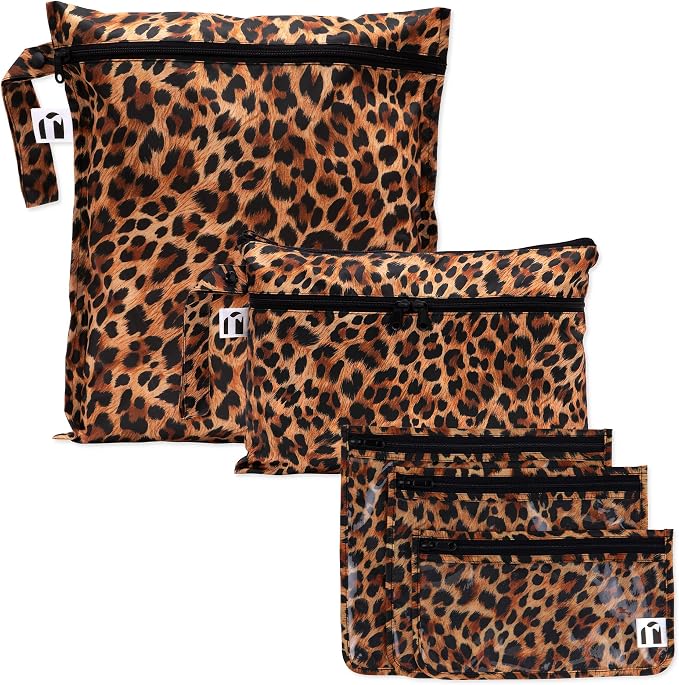 Bumkins Roamio Travel Set – Waterproof Wet Bag, Wet/Dry Clutch, 3 Clear TSA Pouches – Reusable Organizers for Swim, Gym, Toiletries, Baby Gear, Pump Parts, Beach, Pool, Travel, Leopard 5-pc Set