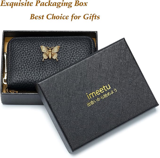imeetu RFID Credit Card Holder for Women Genuine Leather Card Case Wallet with Zipper and Removable Keychain (Black)