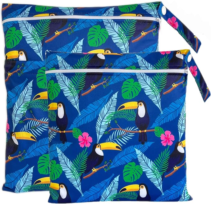 Wet Dry Bag for Cloth Diapers, 2PCS Waterproof Reusable Wet Bag with Zippered Pockets, Washable, Reusable for Travel, Beach, Pool, Stroller, Diapers, Dirty Gym Clothes, Swimsuits, 14x12In & 12x11In