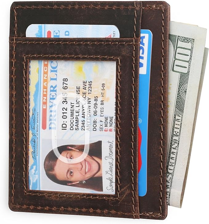 F&L CLASSIC Slim Minimalist Front Pocket leather card holder wallet, for men and women, RFID Blocking, dark brown,10-04