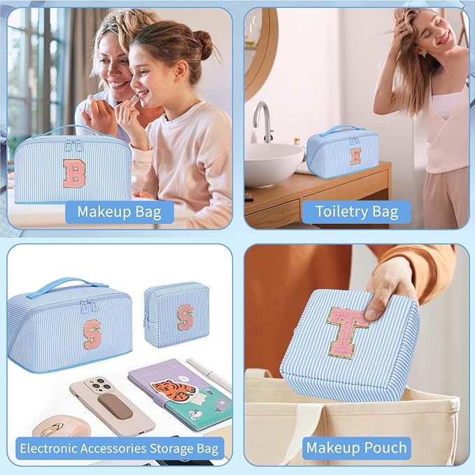 2026 Graduation Gifts - Travel Makeup Bag for Women, 2Pcs Portable Personalized Initial Makeup Organizer Bag, Open Flat Large Cosmetic Bag With Travel Essential Pouch (Blue Letter E)