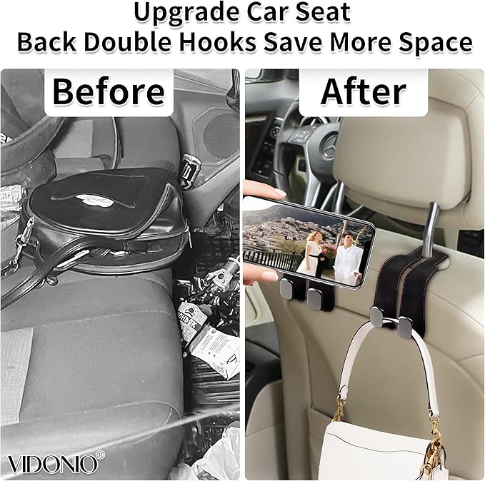 vidonio 2 Pack Double Car Seat Hooks for Headrest, Rotatable Purse Holder for Car, Premium Leather Car Hooks for Purses and Bags, Headrest Hooks and Storage Accessories (Black