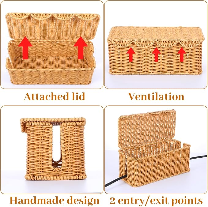 Large Rattan Cable Management Box, Handwoven Cord Hider Box with Lid, 2-Slot Under Desk Organizer for Power Strip, TV Wires, Computer Router & USB Hub, 11.8" x 5.1" x 5.1"