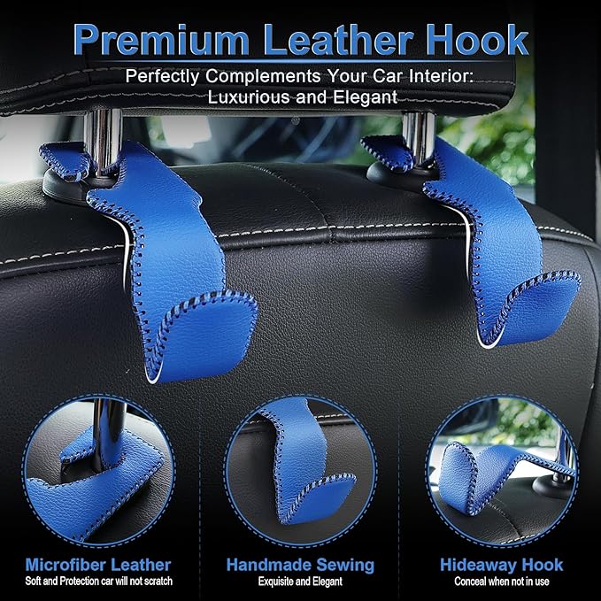 LivTee Blue Superior Leather Car Seat Back Headrest Hook, Auto Seat Hook Hangers Interior Accessories for Purse Coats Umbrellas Grocery Bags Handbag, 2-Pack