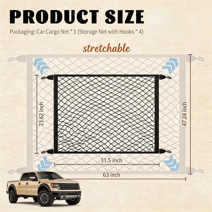 Cargo Net for SUV Trunk Organizer, Stretchable Truck Bed Storage Net with 4 Hooks, 32"x24" Expandable to 63"x47", Heavy Duty Elastic Mesh for Car Storage