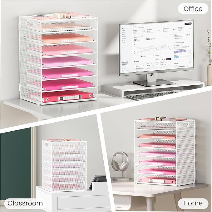 Lavatino 8-Tier Letter Tray Desk Paper Organizer, Mesh File Tray Organizer for Desk, Office Supplies & Home Organization, Fits A4 Paper, Mail, Magazines and Office Accessories (White with Handle)