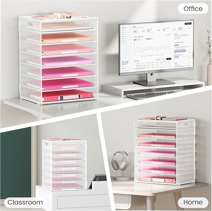 Lavatino 2 Pack 8-Tier Office Desk File Organizer, Letter Tray Paper Organizer with Handle, Including 5 Adjustable Slide Trays for Organizing Desk Workspace Accessories and Supplies (White Metal Mesh)