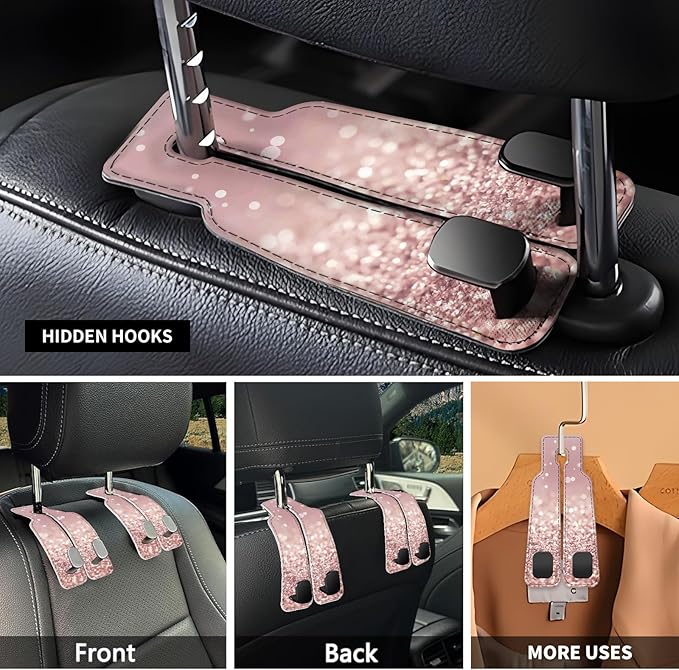 Car Seat Headrest Hook, Universal Leather Cute Hanger Holder Hook, Storage Organizer Interior Accessories for Purse Bags Handbag Glitter Pink Pattern