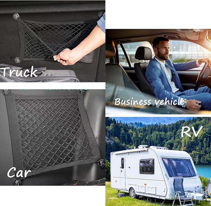 ZMD 2PCS Small Cargo Net Pocket Storage Mesh Net Elastic Automotive Cargo Nets Storage Pouch for Car Trunk Net, RV, Boat Storage Mesh Pocket Net with 8 Mounting Screws and Hooks (21.6 x 9.8 Inches)