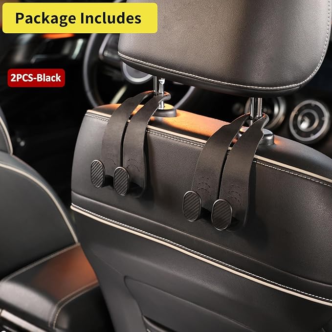 WEIHAO Purse Hook for Car Headrest, Silicone Car Seat Back Storage Hook, Twin Hooks Carbon Fiber Textured Car Headrest Hangers, Bag Holder for Sedan, Trucks, SUVs, Most Vehicles (Black-2PCS)