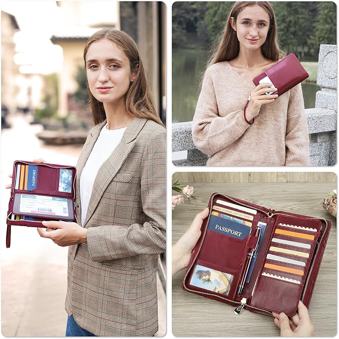 Top Grain Leather Travel Passport Wallet Holder for Man & Woman, Handmade with Three-Layer for 4 Passports & Multi Cards, RFID Blocking Large Capacity for Cards/Passports/Tickets, Burgundy