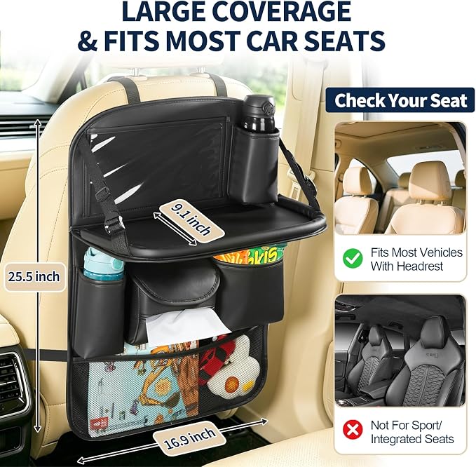 1 Pack Backseat Car Organizer with Foldable Tray Table, PU Leather Seat Back Organizer with Tablet Holder, Large Storage Pockets, Waterproof Kick Mat & Seat Back Protector for Cars, SUVs & Minivans