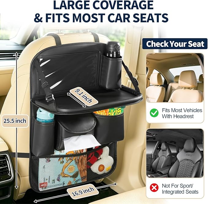 2 Pack Backseat Car Organizer with Foldable Tray Table, PU Leather Seat Back Organizer with Tablet Holder, Large Storage Pockets, Waterproof Kick Mat & Seat Back Protector for Cars, SUVs & Minivans