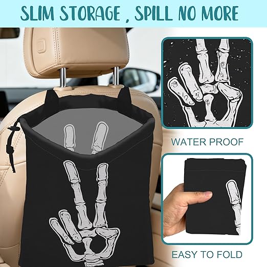 Car Garbage Bag Skeleton Hand Peace Sign Drawstring Car Trash Bag Hanging for Back Seat with Adjustable Buckle Canvas Vehicle Trash Can Easy-to-Install