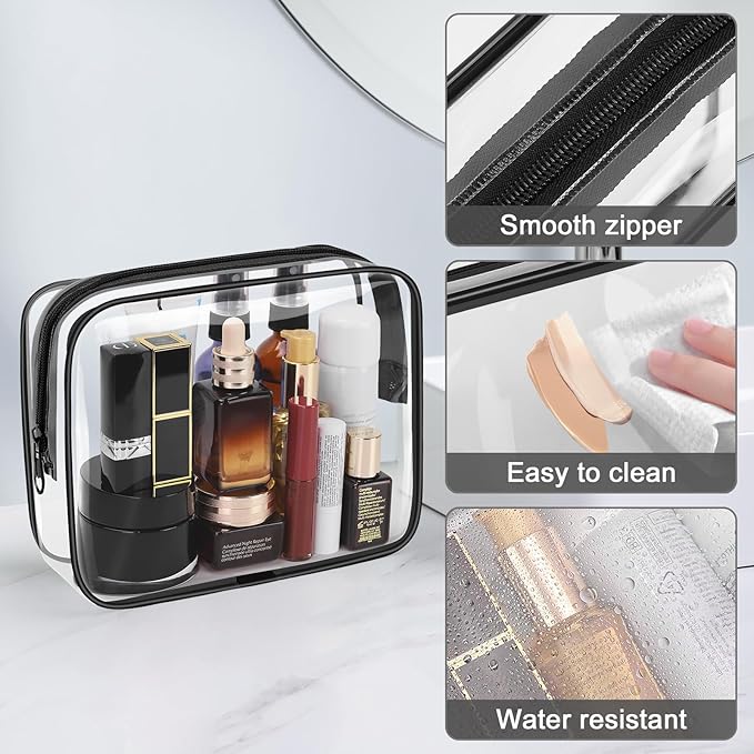 Wedama Clear Toiletry Bag, Cosmetic Bags 2 Pack with Zipper Carry on Airline Airport Travel Accessories, PVC Makeup Bags for Travel, Clear Bags for Women and Men-Black