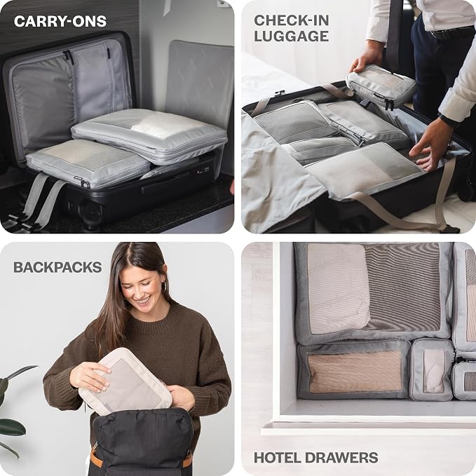 Aerotrunk Compression Packing Cubes for Travel - Luggage Organizer Bags - Double Zipper Packing Cubes for Suitcases (12-Pack, Light Grey)