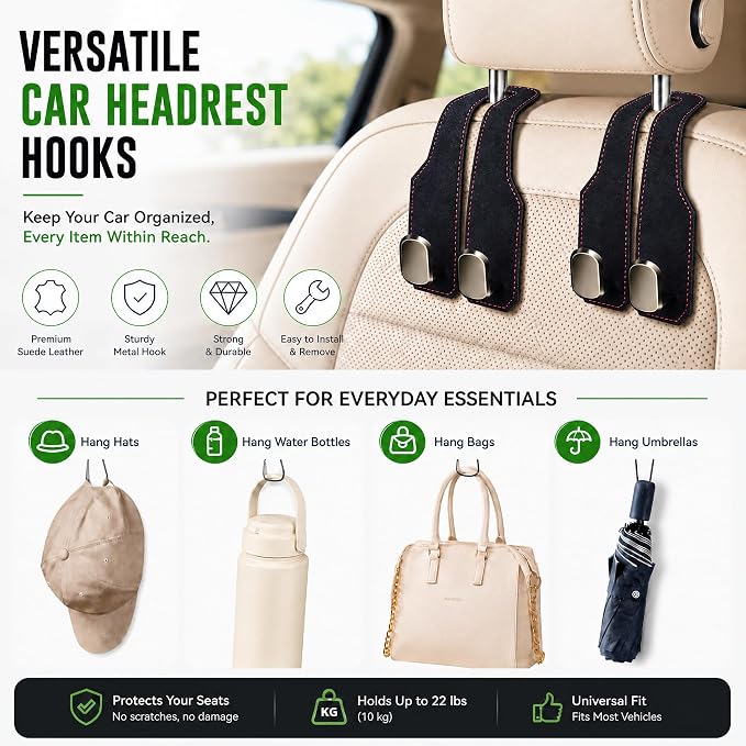 4Pcs Car Headrest Hooks with Premium Leather, Upgraded Double Metal Hooks with Anti-Drop Design, Universal Back Seat Hanger for Bags, Coats, Purses and Groceries (Stylish Black)