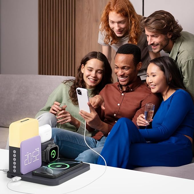 Alarm Clock Charging Station for Bedrooms, 7 in 1 Wireless Charging Station, Magnetic Charger with Night Light Bedside Clock for iPhone 17 16 15 14 13 12 Pro Max, Apple Watch, AirPods (Deep Purple)