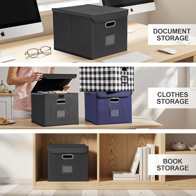 Hleelomi Collapsible File Box with Lid & Plastic Slide - Hanging Document Organizer for Office/Home, 14.96x12.6x10.83 Inch,Decorative Home File Bin,Black, 1 Pack (No Folders Included)