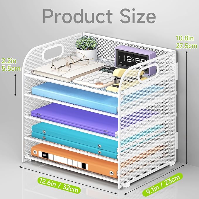 Cawukege 2 Pack 5 Tier Paper Organizer, Letter Tray with Handle, Mesh Desk Organizer, Metal File Organizer, Office Desk Accessories for Home, Office, Classroom, School -White