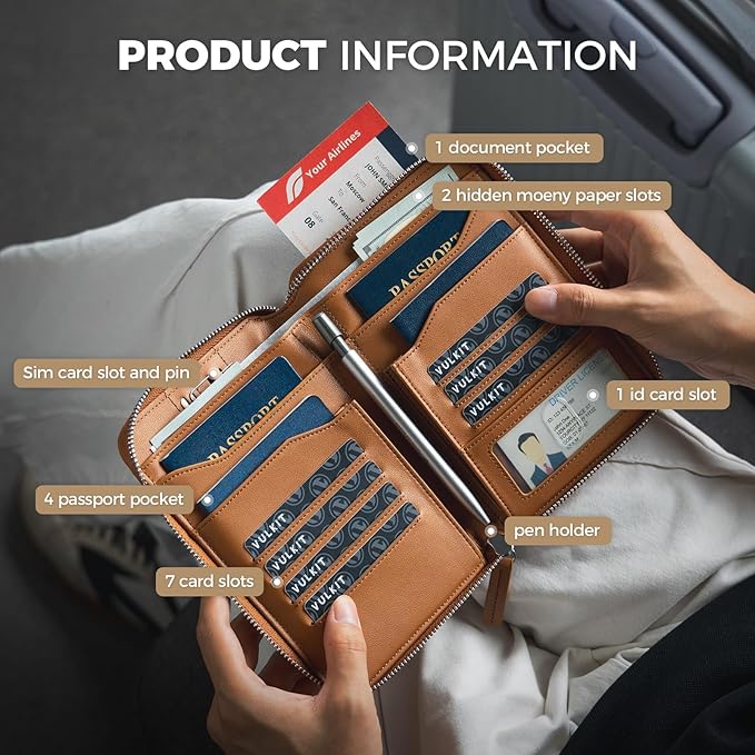 VULKIT Leather Passport Holder for 4-8 Passports Family RFID Blocking Passport Wallet with Zipper Travel Documents Organizer for Men or Women (Brown)