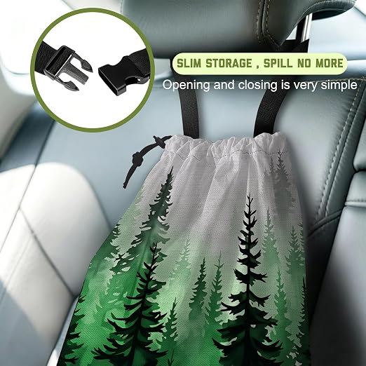 Car Trash Bag Misty Green Pine Forest Leak-Proof Waterproof Car Garbage Bag with Drawstring Foldable Canvas Trash Bin with Adjustable Buckle for Car Accessories