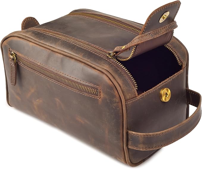 LEATHER VILLAGE Genuine Leather Toiletry Travel Bag With Waterproof Lining - Brown | King-Size Handcrafted Vintage Dopp Kit Bag, Shaving & Bathroom Organizer, Gift for Men & Women
