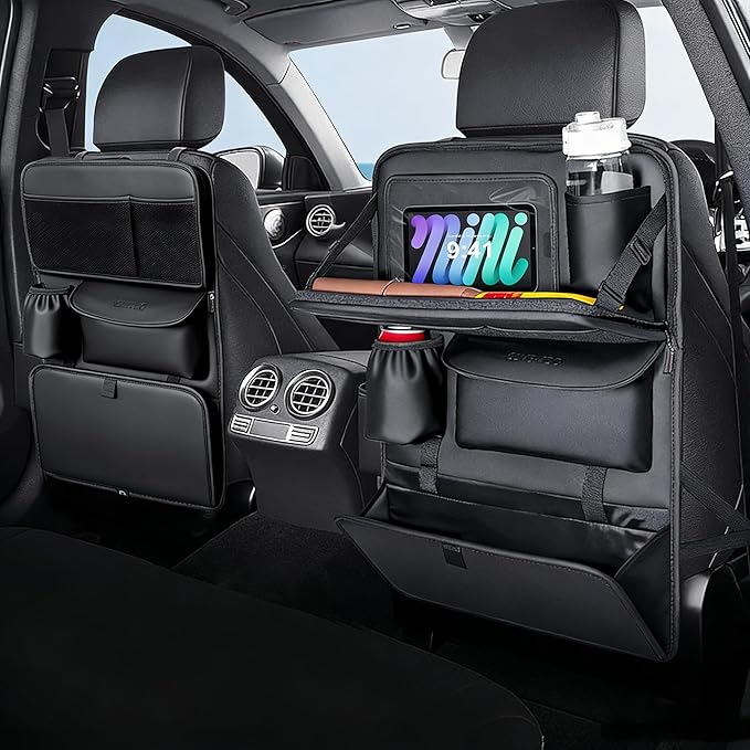 Coverado Backseat Car Organizer 2 Packs, Nappa Leather Car Seat Organizer with Touch Screen Tablet Holder, Foldable Food Tray, Kick Mats Protector, Multi Car Storage Accessories, Garbage Bag Holder