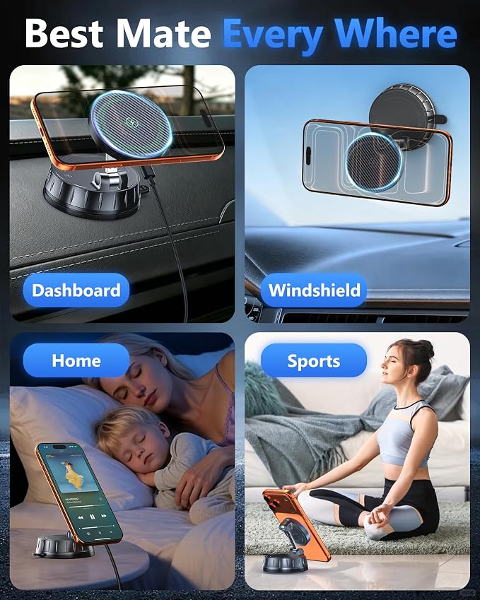 15W MagSafe Car Charger Mount, Magnetic Wireless Car Phone Holder with Dual Input Port, Vacuum Suction & Nano Adhesive Base, 360° Rotation Stable Car Charging Stand for iPhone 12-17, Samsung S26