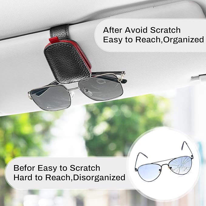 SINGARO Sunglasses Holder for Car, Leather Magnetic Buckle Sun Visor Sunglass Clip, Ticket Card Storage Glasses Clip, Car Interior Accessories for Men and Women（2PCS Black-red）