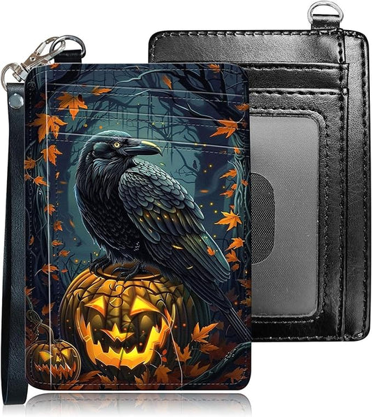 Slim RFID Blocking Card Holder Wallet with Wrist Strap - Minimalist Front Pocket Wallet, Crow Pumpkin Design, PU Leathe, for Men & Women, Ideal for Travel & Gifts