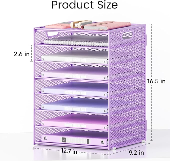 Lavatino 8-Tier Office Desk File Organizer, Letter Tray Paper Organizer with Handle, Including 5 Adjustable Slide Trays for Organizing Desktop Workspace Accessories and Supplies (Purple Metal Mesh)