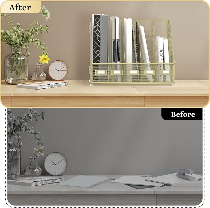 SUPEASY Desk Organizers Metal Desk Magazine File Holder with 5 Vertical Compartments Rack File Organizer for Office Desktop, Classroom, Home Workspace, Golden Yellow
