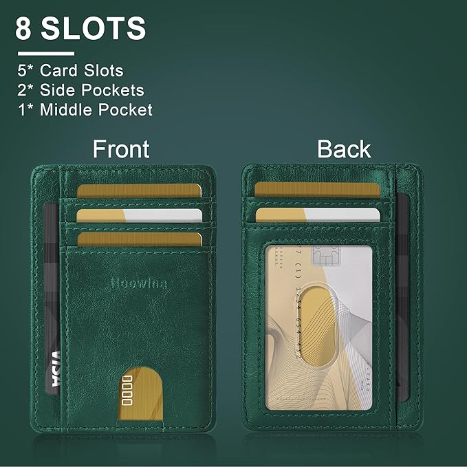 Hoewina Slim Wallet for Men, Credit Card Holder Wallet, Minimalist Design - RFID Blocking Front Pocket Leather Thin Wallet for Men and Women（Dark Green）