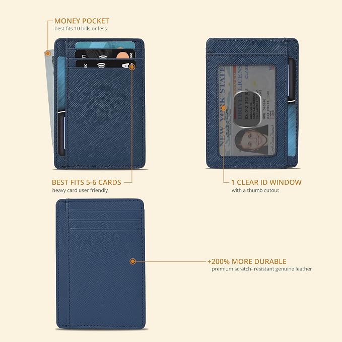 Real Leather Slim Minimalist Wallet for Men and Women -RFID Blocking Front Pocket Thin Credit Card Holder Stylish Wallets (Jeans Blue)