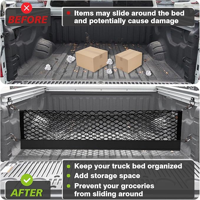 Muslogy Truck Bed Cargo Net Trunk Netting Compatible with Nissan Titan 2017-2025 Accessories, Pickup Cargo Organizer SUV Sedan Storage Net w/Heavy Duty Carabiners