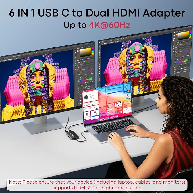 6-in-1 USB Hub (0.99FT), USB C to Dual HDMI Adapter 4K@60Hz, HDMI Splitter Extended Display for Dual Monitors with 100W PD Port, USB 2.0, Dual Monitor Adapter for MacBook Neo/Air/Pro, XPS, HP