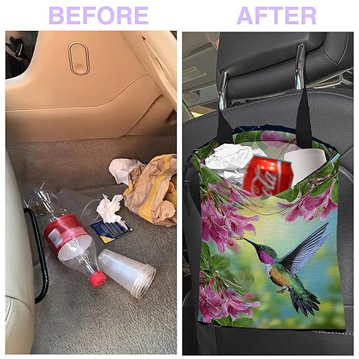 Car Trash Bag Hummingbird with Hibiscus Car Trash Bin Leakproof Waterproof Car Trash Can for Back Seat, Foldable Car Garbage Bag with Adjustable Straps and Drawstring for Car Accessories