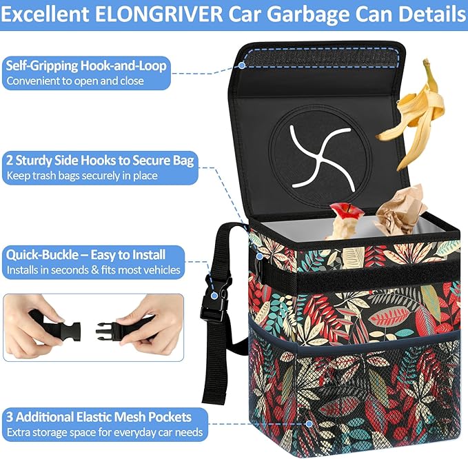 ELONGRIVER Car Trash Can Bin for Back Seat Leak Proof, Cute Car Trash Bag Hanging, Vehicle Trash Can for SUV Truck Van, Automotive Garbage Cans Front Seat Red Leaves, 2 Gallons