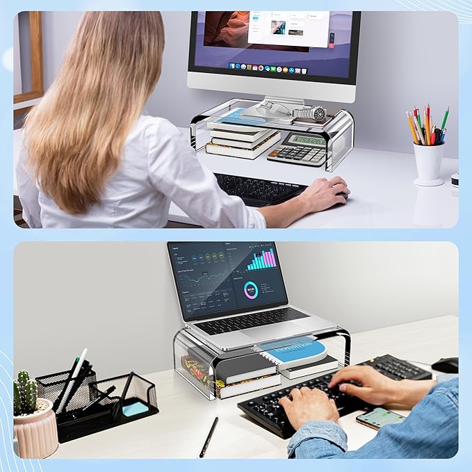 AboveTEK Acrylic Monitor Stand ??Clear Monitor Riser & Computer Desk Stand, Premium Acrylic Laptop Stand for Home Office, PC TV Stand with Keyboard Storage Heavy Duty Desk Riser