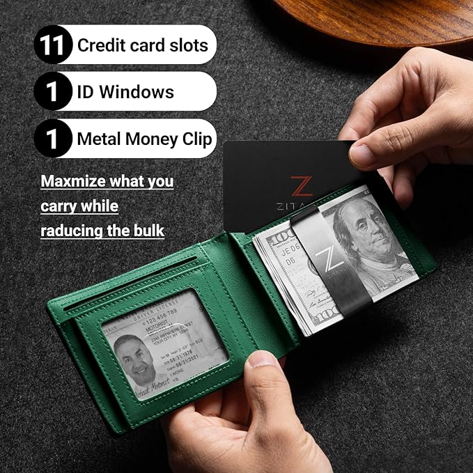 Zitahli Slim Wallet for Men with Money Clip, Minimalist Front Pocket RFID Blocking Leather Wallets Bifold Credit Card Holder, 11 Card Slots and ID Window with Gift Box