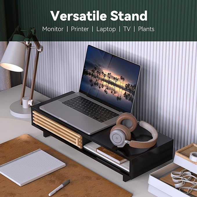 Monitor Stand with Sliding Bamboo Doors, 25 Inch Heavy Duty Wood Computer Monitor Riser, Ergonomic Desk Organizer with Storage & Keyboard Tray, Natural & Black