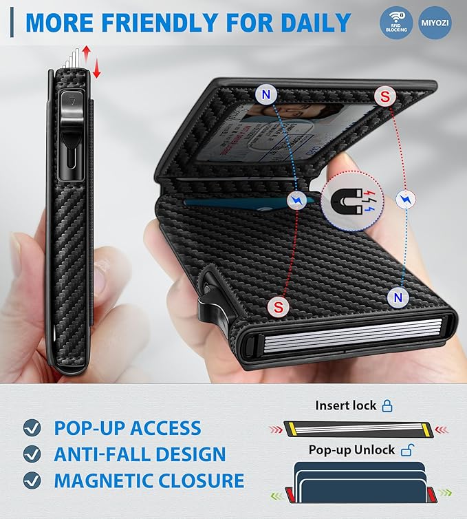 miyozi Wallet for Men, Slim Pop Up Card Holder - RFID Blocking Minimalist Bifold Wallet with ID Window, Holds 9-11 Cards & Stretchable Strap, Metal Flip Case with Magnetic Closure, Gift Box