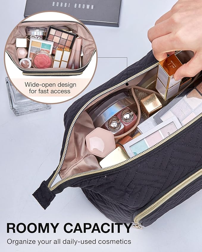 BAGSMART Travel Makeup Bag, Cosmetic Bag Make Up Organizer Case,Large Wide-open Pouch for Women Purse for Toiletries Accessories Brushes Black