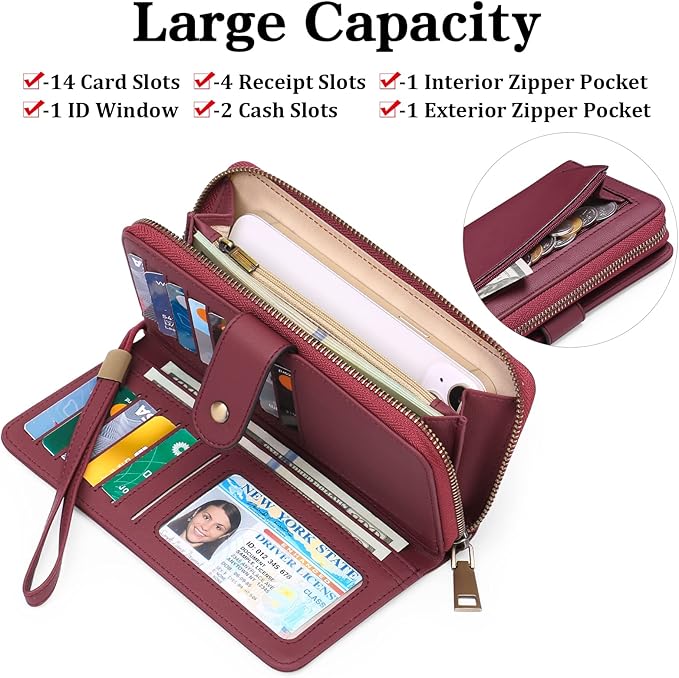 GAEKEAO Wallet for Women Clutch RFID Blocking Wristlet Leather Purse Large Capacity Credit Card Holder with Grip Hand Strap