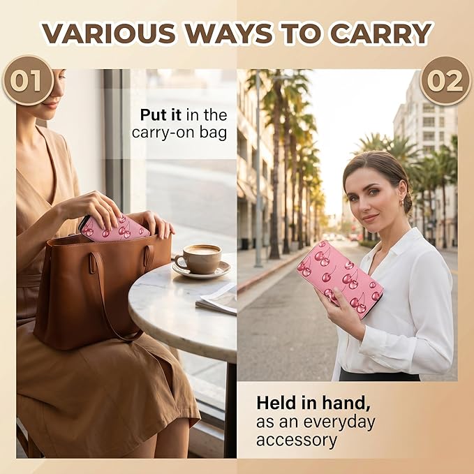 Women Cherry Print Long Wallet, Dual Zipper Large Capacity PU Leather Card Holder Clutch Purse for Daily & Travel