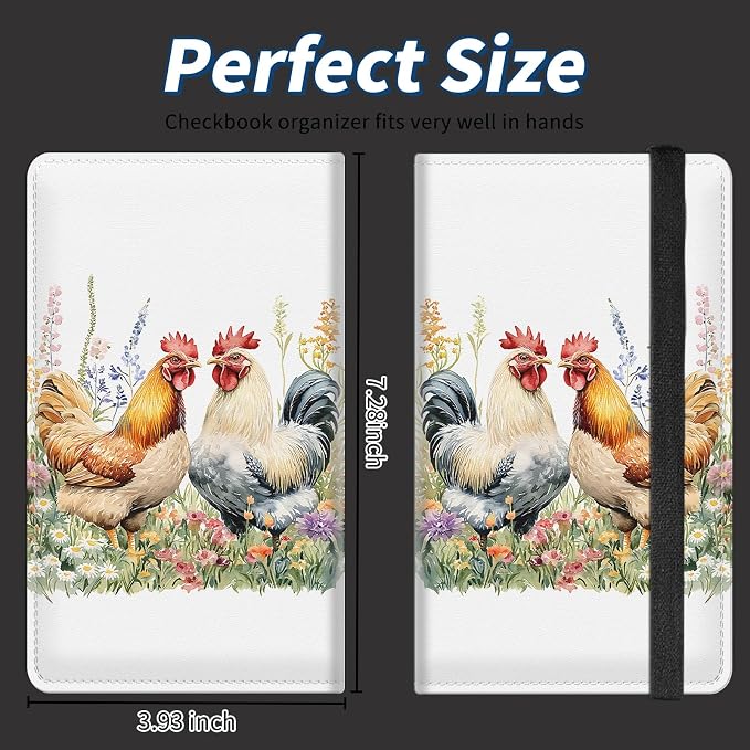 Check Book Cover for Personal Checkbook with Duplicate Checks for Women's & Men PU Leather Wallets Check Book Holder with Pen Card Slots Elastic Strap,Watercolor Rooster