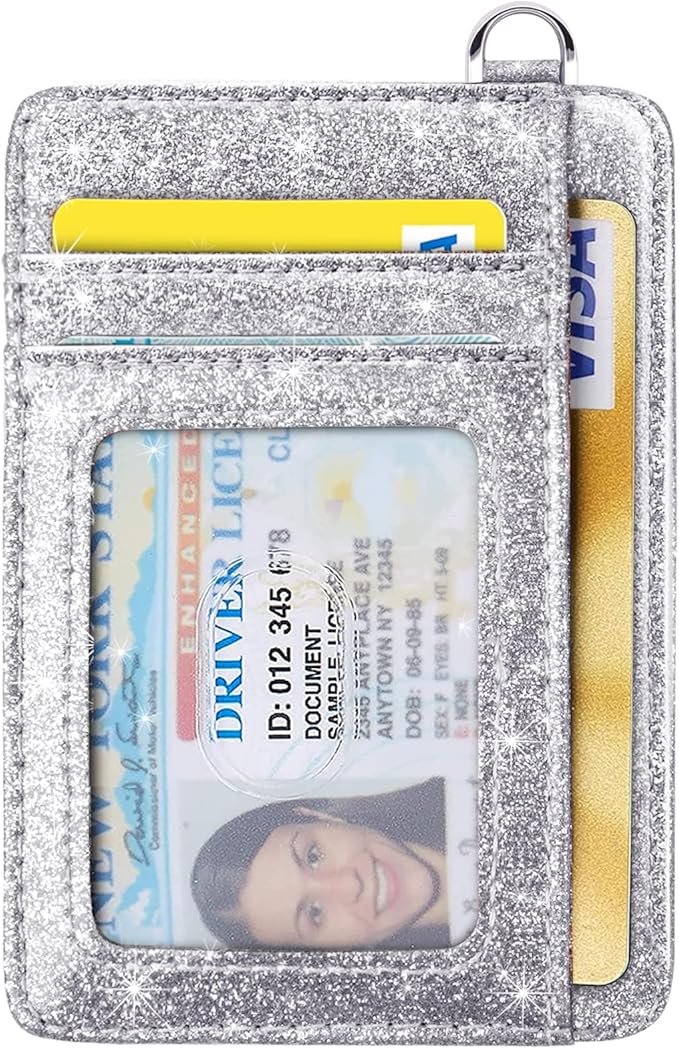 Coco Rossi Slim Front Pocket Wallet RFID ID Card Holder Cute Small Wallet with Keychian for Women,Silver Glitter